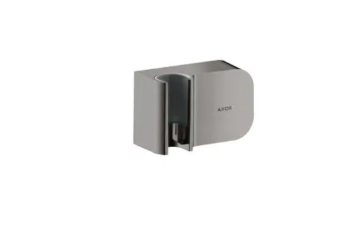 Ein Wandelement in Polished Black Chrome von AXOR, mit abgerundeten Kanten und einem integrierten Halter, welches funktional gestaltet ist.